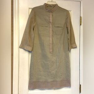 Elie Tahari Tan Buttoned 3/4 Sleeve Mock Neck Dress